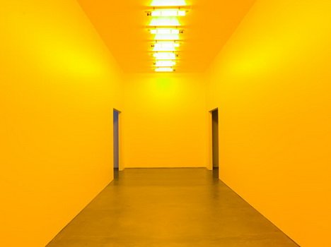 Monofrequency lights mounted to the ceiling of a white room emit a narrow range of yellow light, reducing visitors’ color perception to shades of yellow and black. The longer the visitors stay in the space, the more they begin to perceive subtle color distinctions and to correct for the yellowish lighting. Upon leaving,they momentarily perceive a bluish afterimage.