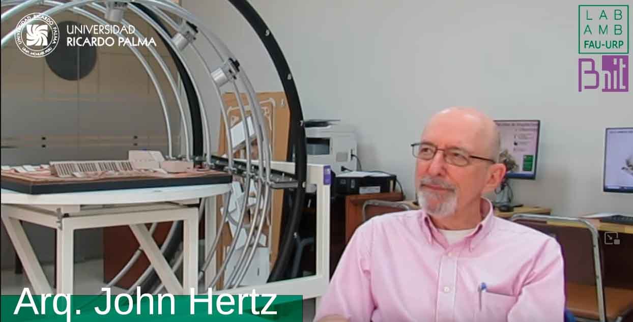 Arch. John Hertz in front of Orchard Heliodon during an interview