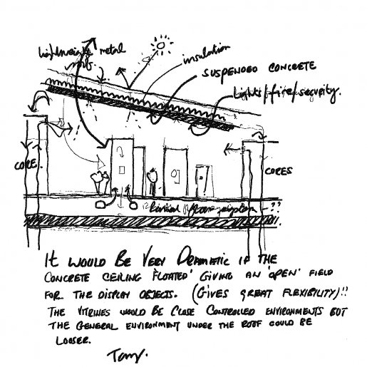 A series of preliminary drawings and notes exploring the integration of natural and artificial light within the museum’s exhibition spaces. The sketches reflect the search for a balance between function, atmosphere, and perception, with careful attention to lighting intensity and the enhancement of material qualities.